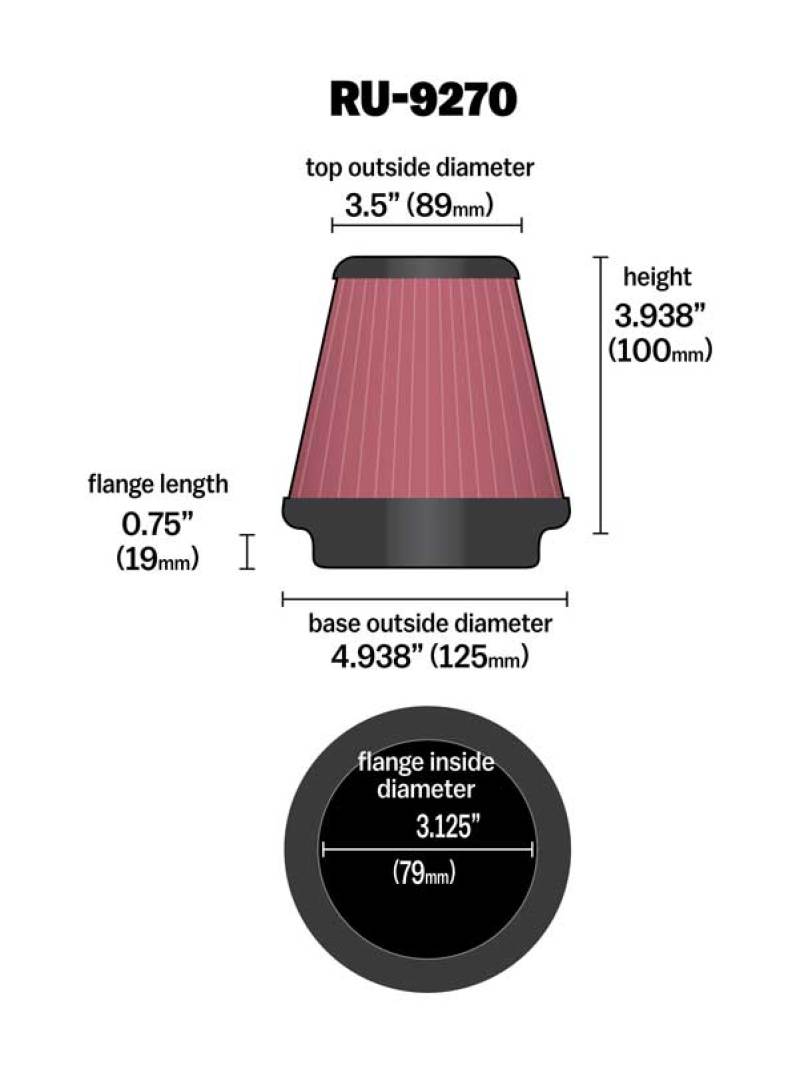 Load image into Gallery viewer, K&amp;N Universal Tapered Filter 3-1/8in Flange IDx4-15/16in Base OD x 3-1/2in Top OD x 3-15/16in Height
