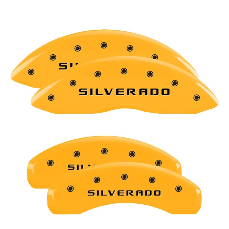 Load image into Gallery viewer, MGP 4 Caliper Covers Engraved Front &amp; Rear Silverado Yellow Finish Blk Char 04 Chevy Avalanche 1500
