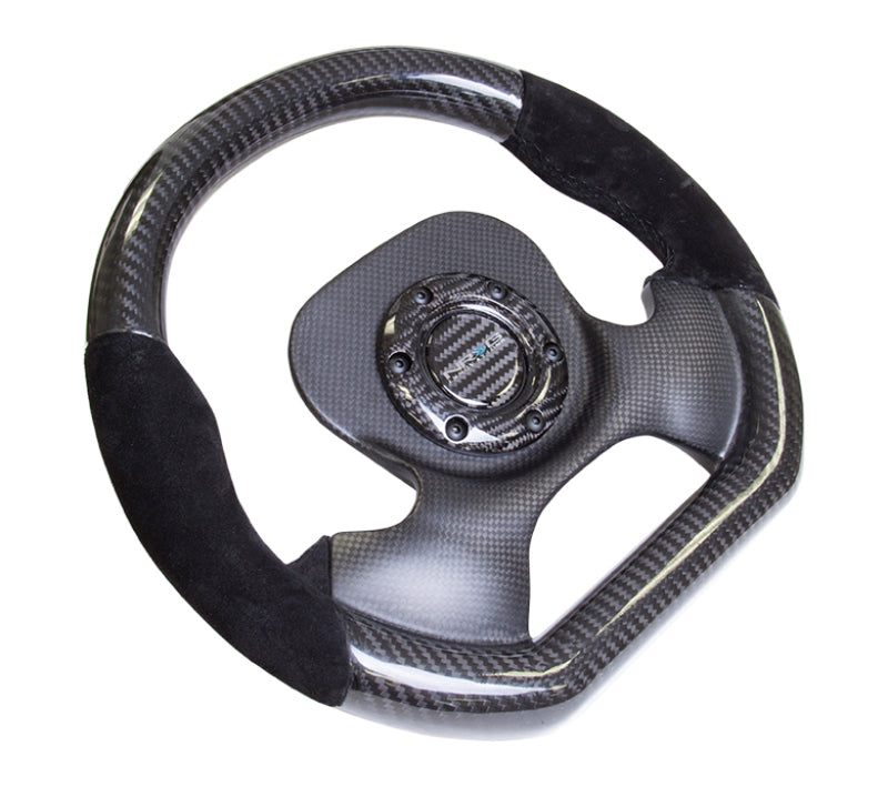 Load image into Gallery viewer, NRG Carbon Fiber Steering Wheel (320mm) CF Center Plate &amp; Two-Tone Carbon w/Suede Trim Handles
