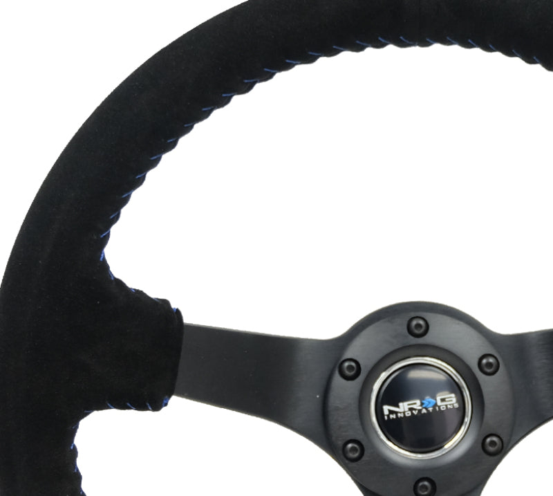 Load image into Gallery viewer, NRG Reinforced Steering Wheel (350mm / 3in. Deep) Blk Suede/Blue BBall Stitch w/5mm Matte Blk Spokes
