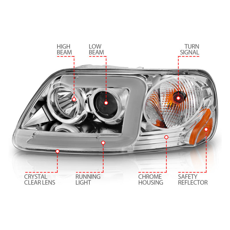 Load image into Gallery viewer, ANZO 1997-2003 Ford F-150 Projector Headlights w/ Light Bar Chrome Housing
