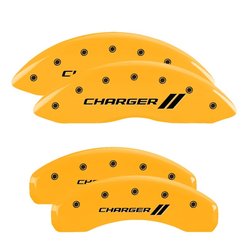 Load image into Gallery viewer, MGP 4 Caliper Covers Engraved Front &amp; Rear Cursive/Charger Yellow finish black ch
