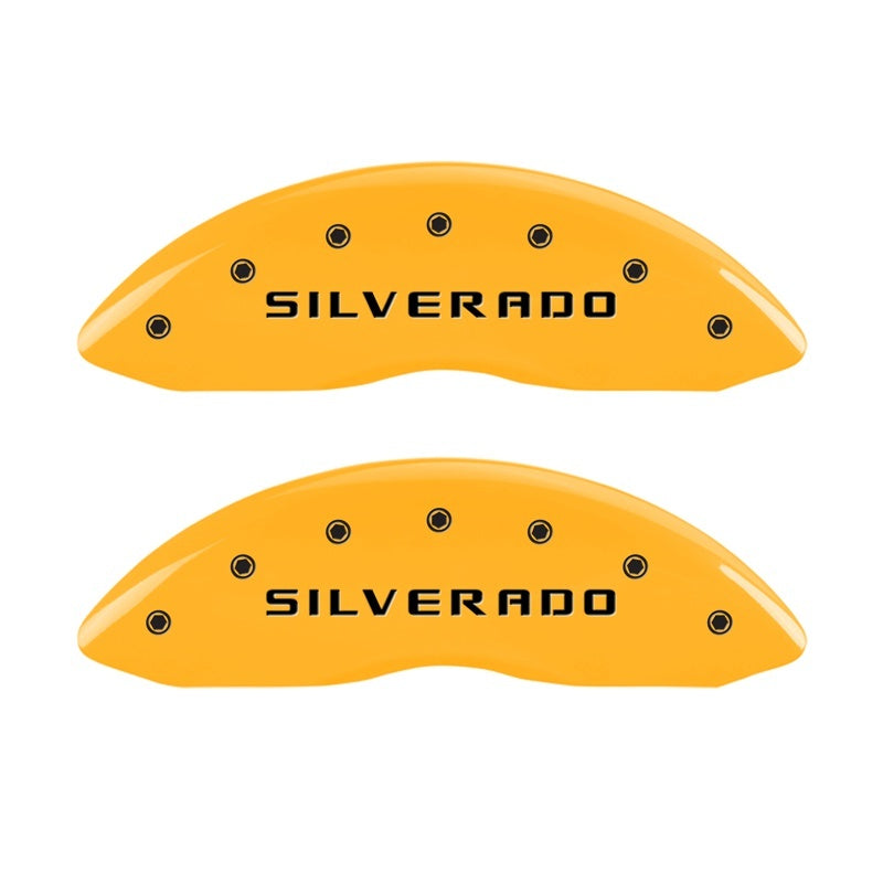 Load image into Gallery viewer, MGP Front set 2 Caliper Covers Engraved Front Silverado Yellow finish black ch
