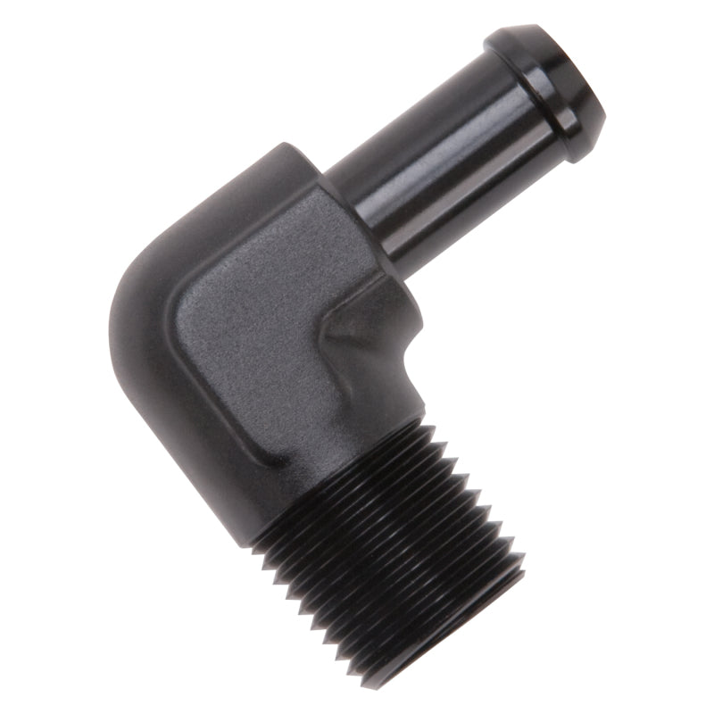 Load image into Gallery viewer, Edelbrock Hose End 90-Deg 1/2In NPT to 1/2In Barb Black Anodize
