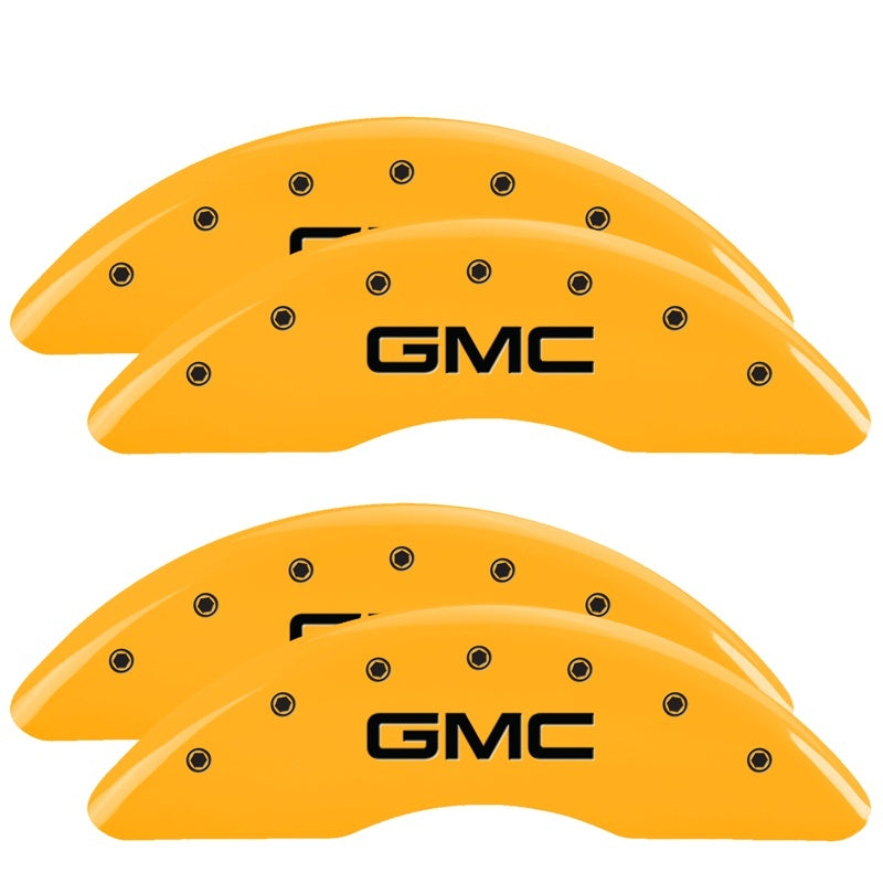Load image into Gallery viewer, MGP 4 Caliper Covers Engraved Front &amp; Rear GMC Yellow finish black ch
