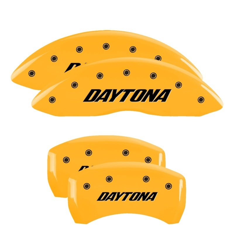 Load image into Gallery viewer, MGP 4 Caliper Covers Engraved Front &amp; Rear Daytona Yellow finish black ch
