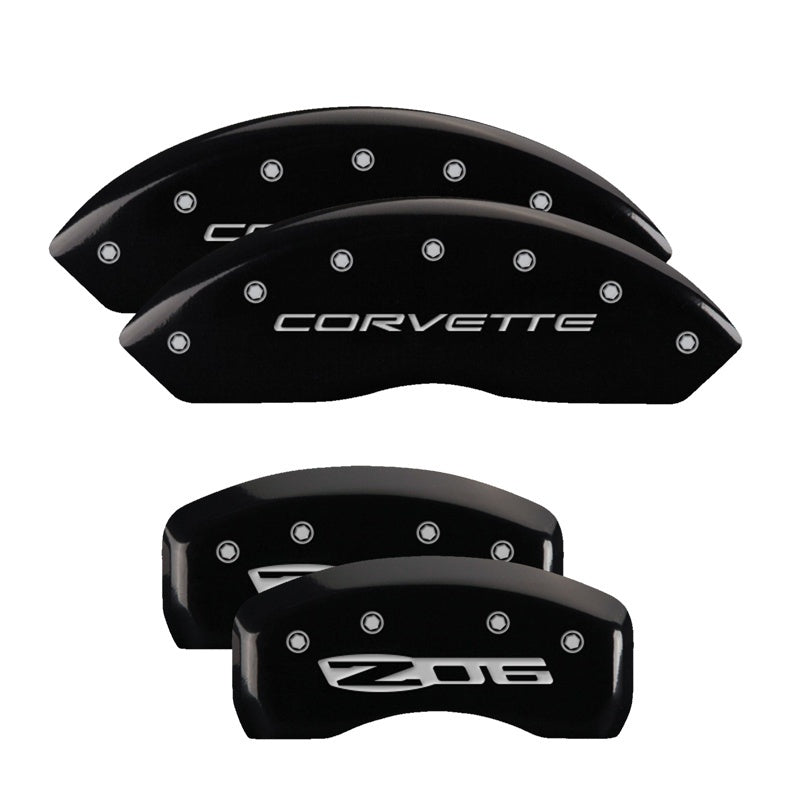 Load image into Gallery viewer, MGP 4 Caliper Covers Engraved Front C5/Corvette Engraved Rear C5/Z06 Black finish silver ch
