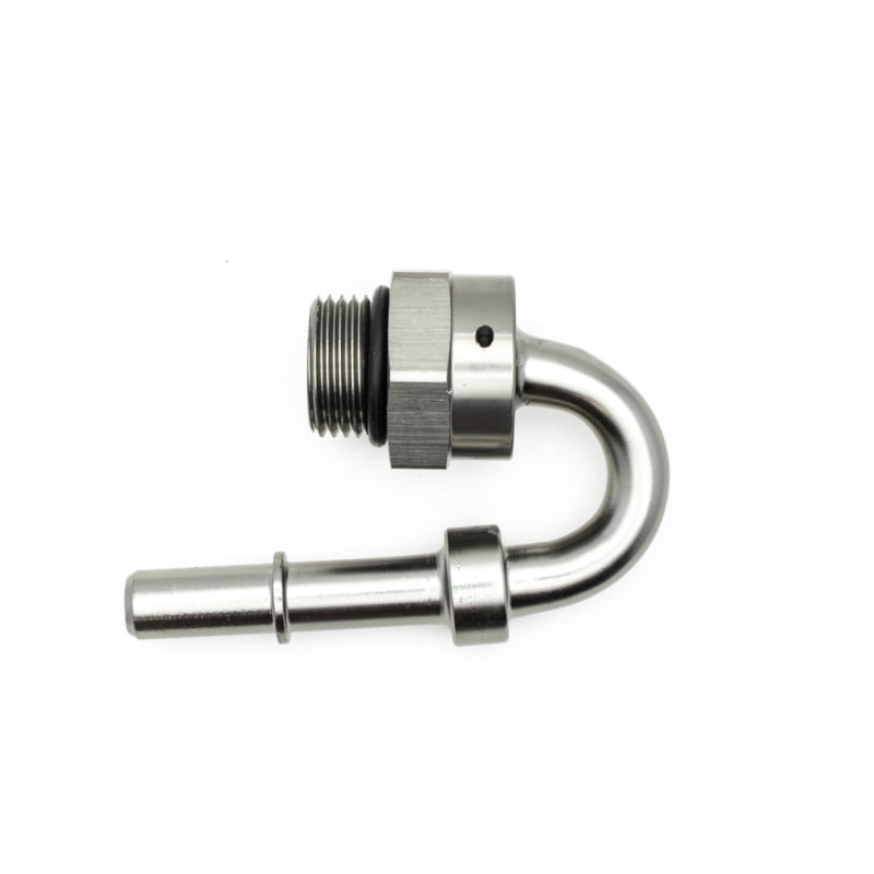 Load image into Gallery viewer, DeatschWerks 8AN ORB Male to 3/8in Male EFI Quick Connect Adapter 180-Degree - Anodized Matte Black
