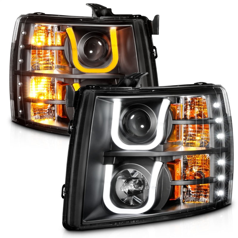 Load image into Gallery viewer, ANZO 2007-2013 Chevrolet Silverado 1500/2500 Projector Headlights w/ U-Bar Switchback Black w/ Amber
