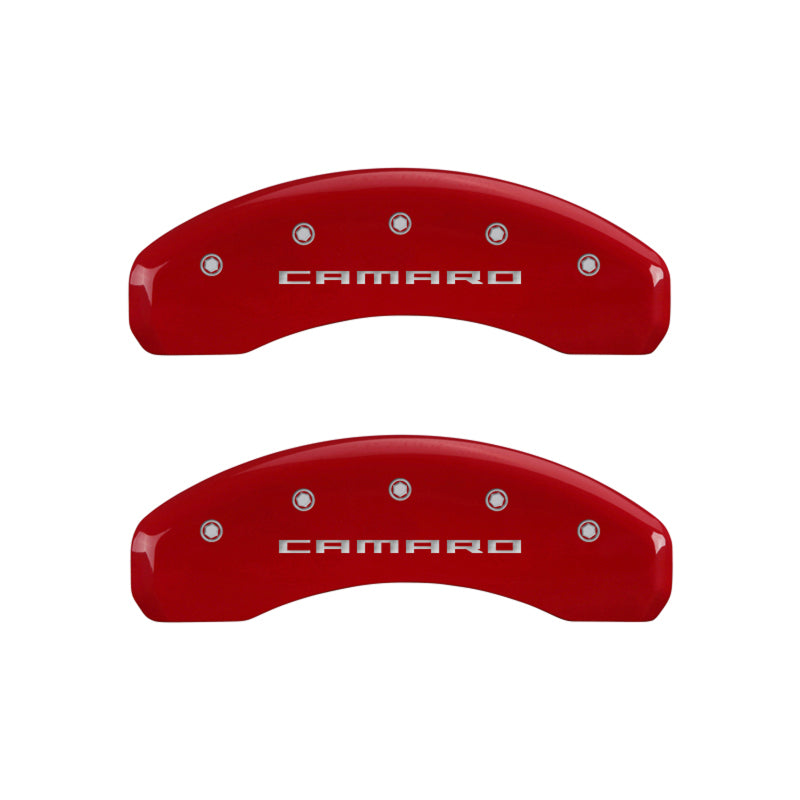 Load image into Gallery viewer, MGP 4 Caliper Covers Engraved Front &amp; Rear Gen 5/Camaro Red finish silver ch
