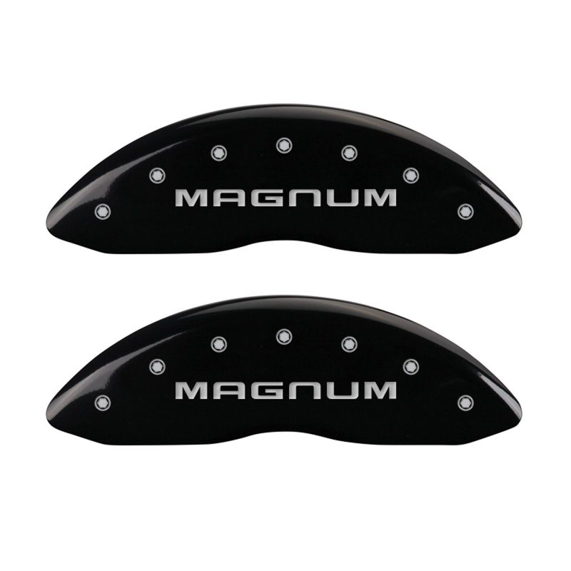 Load image into Gallery viewer, MGP 4 Caliper Covers Engraved Front &amp; Rear Magnum Black finish silver ch
