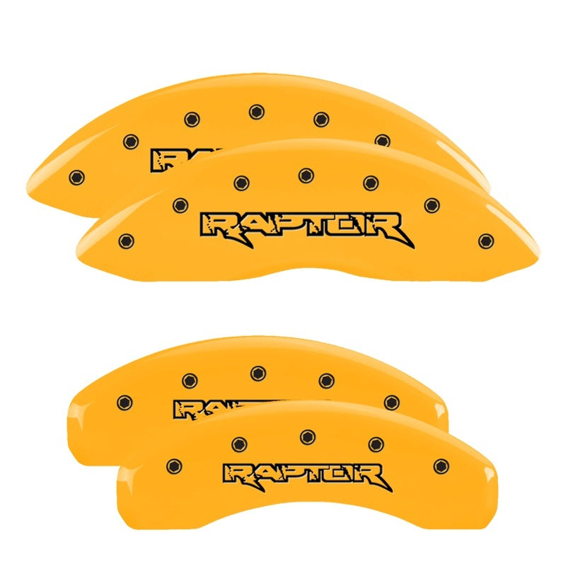 Load image into Gallery viewer, MGP 4 Caliper Covers Engraved Front &amp; Rear Raptor Yellow Finish Black Char 2011 Ford F-150
