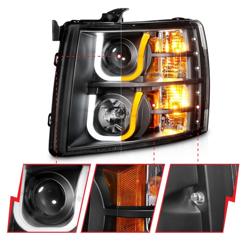 Load image into Gallery viewer, ANZO 2007-2013 Chevrolet Silverado 1500/2500 Projector Headlights w/ U-Bar Switchback Black w/ Amber
