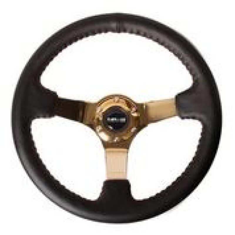 Load image into Gallery viewer, NRG Reinforced Steering Wheel (3in Deep / 4mm) 350mm Blk Leather w/Red BBall Stitch &amp; Gold Spoke
