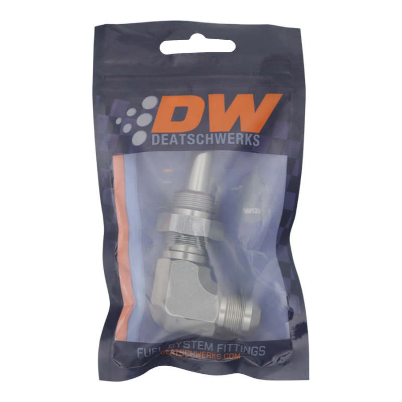 Load image into Gallery viewer, DeatschWerks 8AN Male Flare to 90-Degree 3/8in Single Hose Barb - Anodized DW Titanium
