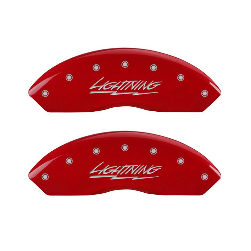 Load image into Gallery viewer, MGP 4 Caliper Covers Engraved Front &amp; Rear Lightning Red finish silver ch
