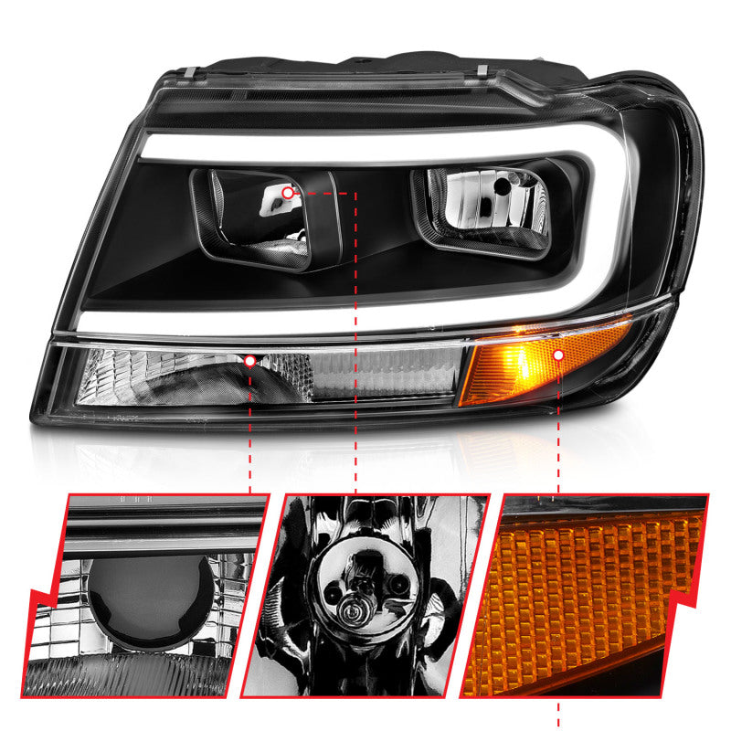 Load image into Gallery viewer, ANZO 99-04 Jeep Grand Cherokee Crystal Headlights - w/ Light Bar Black Housing
