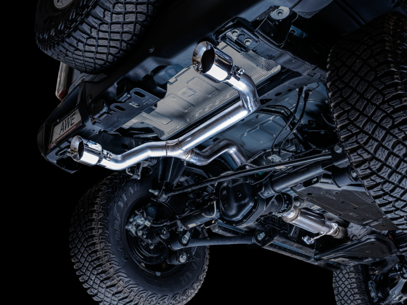 Load image into Gallery viewer, AWE Tuning 2021+ Ford Bronco 0FG Dual Rear Exit Exhaust w/Chrome Silver Tips &amp; Bash Guard
