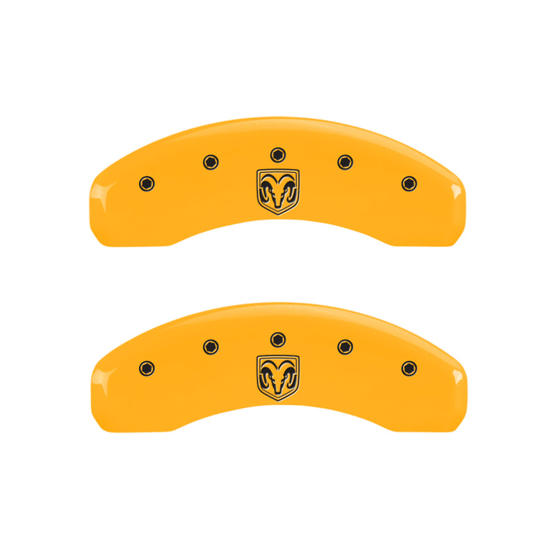 Load image into Gallery viewer, MGP 4 Caliper Covers Engraved Front Ram Rear Ramhead Yellow Finish Black Char 2006 Dodge Durango
