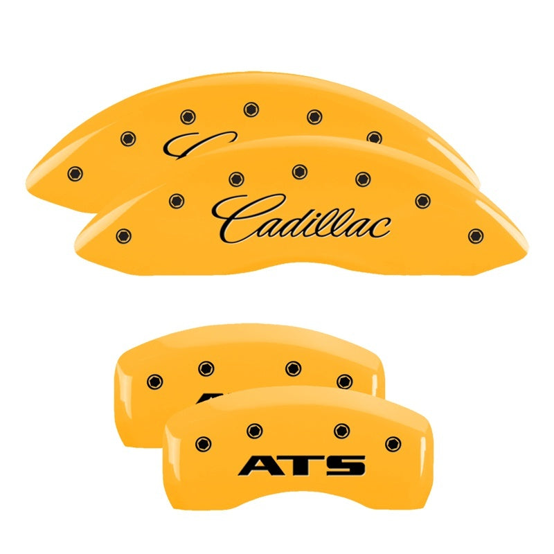 Load image into Gallery viewer, MGP 4 Caliper Covers Engraved Front &amp; Rear GMC Yellow finish black ch
