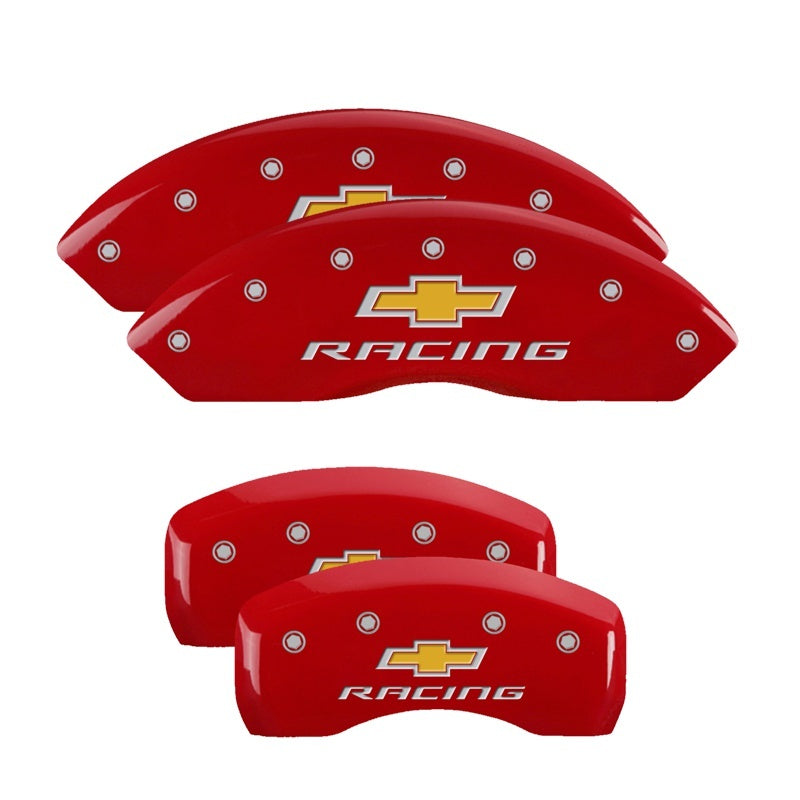 Load image into Gallery viewer, MGP 4 Caliper Covers Engraved Front &amp; Rear Chevy racing Red finish silver ch
