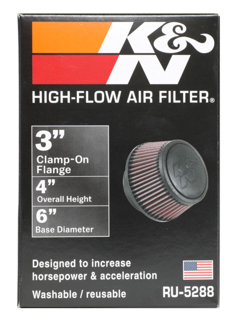 Load image into Gallery viewer, K&amp;N Universal Round Clamp-On Air Filter 3in Flange ID x 6in Base OD x 4.625in Top OD x 3in Height
