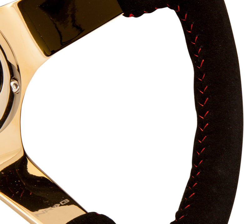 Load image into Gallery viewer, NRG Reinforced Steering Wheel (350mm / 3in. Deep) Blk Suede w/Red BBall Stitch &amp; Chrome Gold 3-Spoke
