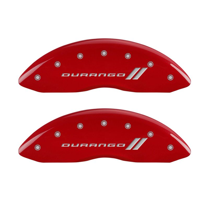 Load image into Gallery viewer, MGP 4 Caliper Covers Engraved Front &amp; Rear With stripes/Durango Red finish silver ch
