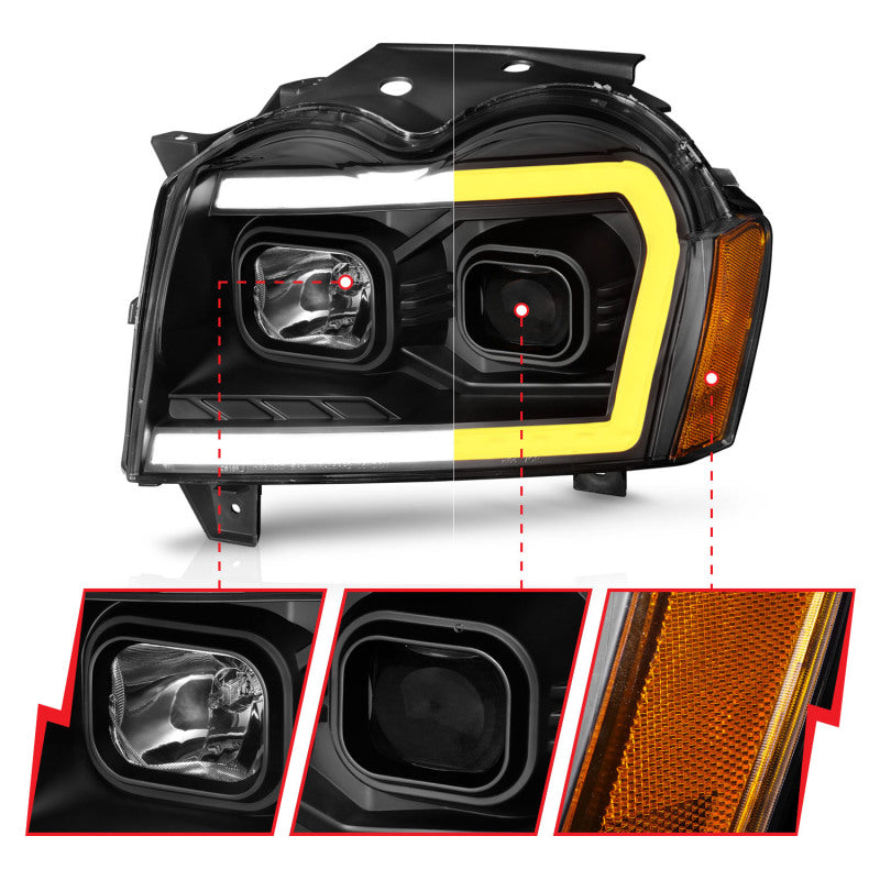 Load image into Gallery viewer, ANZO 2005-2007 Jeep Grand Cherokee Projector Headlights w/ Light Bar Switchback Black Housing
