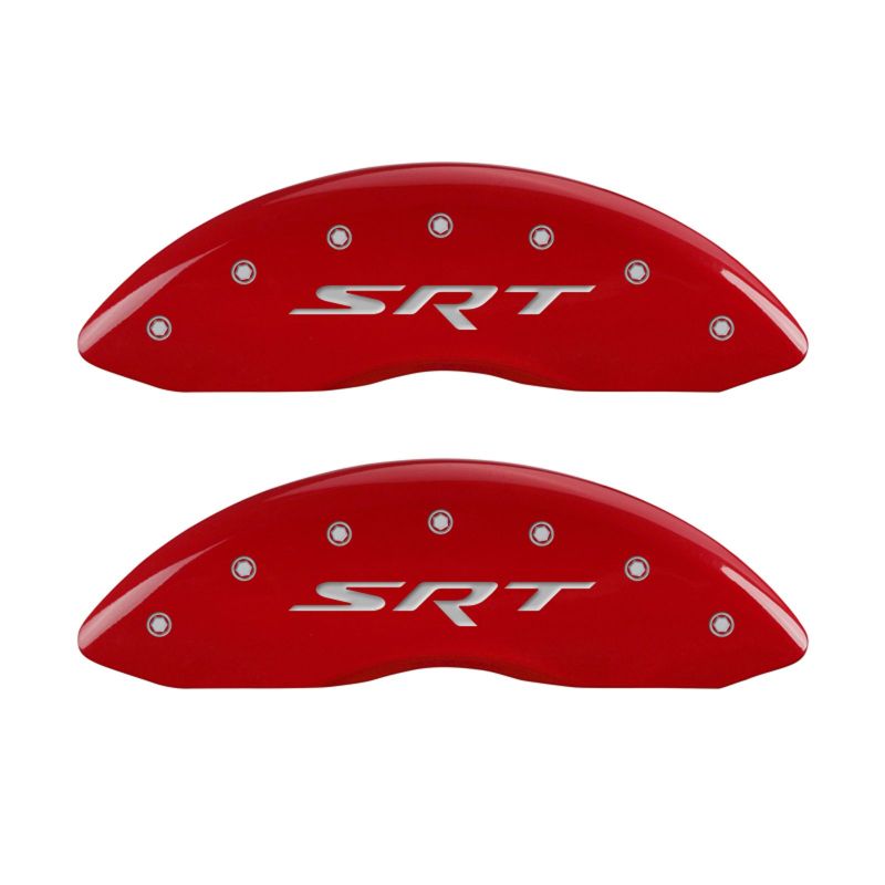 Load image into Gallery viewer, MGP 4 Caliper Covers Engraved Front &amp; Rear SRT Red finish silver ch
