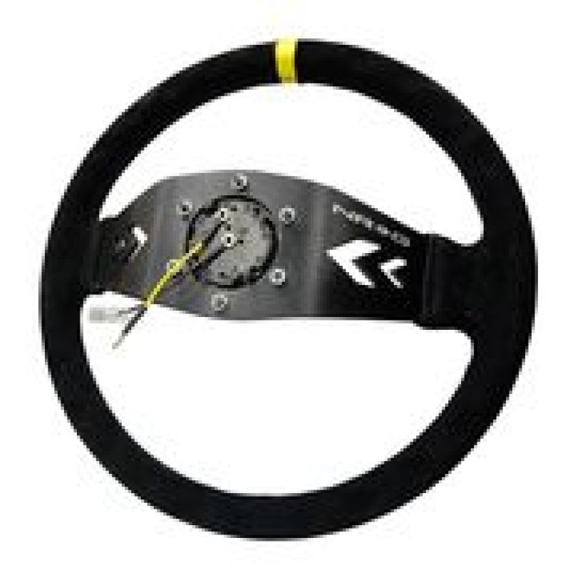 Load image into Gallery viewer, NRG Reinforced Steering Wheel (350mm / 3in. Deep) Blk Suede w/NRG Arrow Cut 2-Spoke &amp; Yellow Mark
