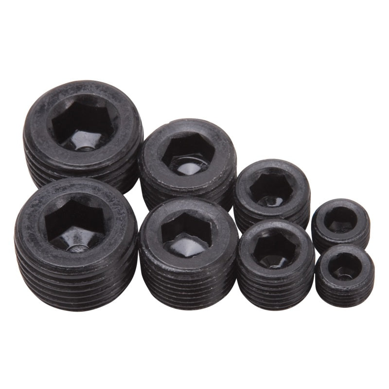Load image into Gallery viewer, Edelbrock Fittings Pipe Plug Kit Internal Allen Head 1/8In 1/4In 3/8In 1/2In NPT Set of 8 Black
