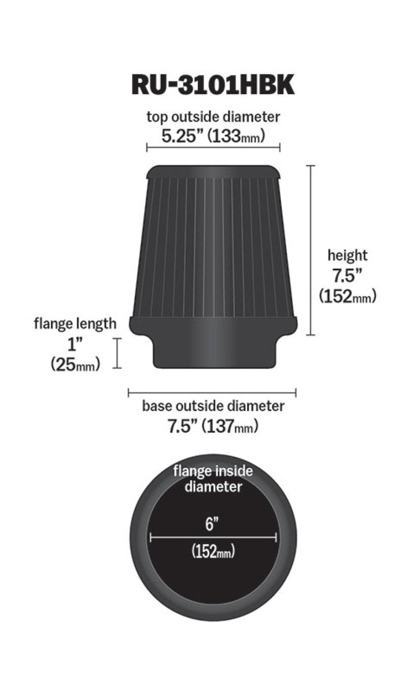 Load image into Gallery viewer, K&amp;N Universal Rubber Filter Round Tapered 6in Flange ID x 7.5in Base OD x 5.25in Top OD x 8in Height
