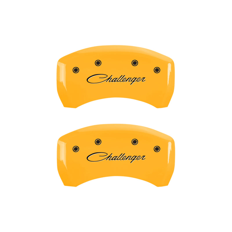 Load image into Gallery viewer, MGP 4 Caliper Covers Engraved Front &amp; Rear Cursive/Challenger Yellow finish black ch
