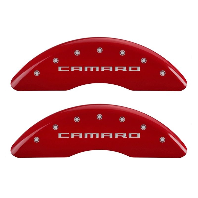 Load image into Gallery viewer, MGP 4 Caliper Covers Engraved Front &amp; Rear Gen 5/Camaro Red finish silver ch

