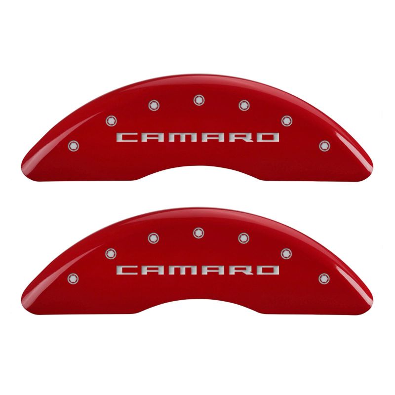 Load image into Gallery viewer, MGP 4 Caliper Covers Engraved Front &amp; Rear Gen 5/Camaro Red finish silver ch
