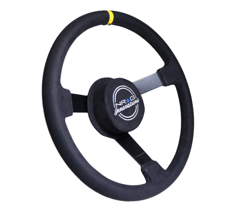 Load image into Gallery viewer, NRG Reinforced Steering Wheel (380mm) Nascar/ Alcantara 3 Spoke w/ NRG Logo/ Removable Crushed Pad
