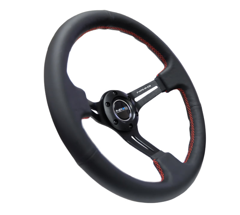 Load image into Gallery viewer, NRG Reinforced Steering Wheel (350mm / 3in. Deep) Black Leather/Red Stitch &amp; Blk 3-Spoke w/Slits

