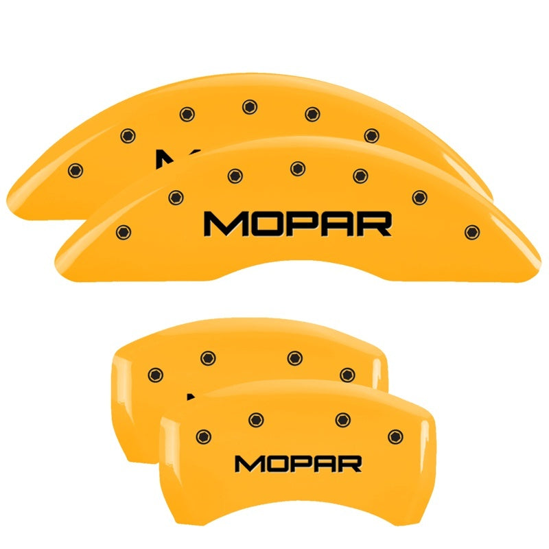 Load image into Gallery viewer, MGP 4 Caliper Covers Engraved Front &amp; Rear Srt8 Yellow Finish Black Char 2006 Jeep Commander
