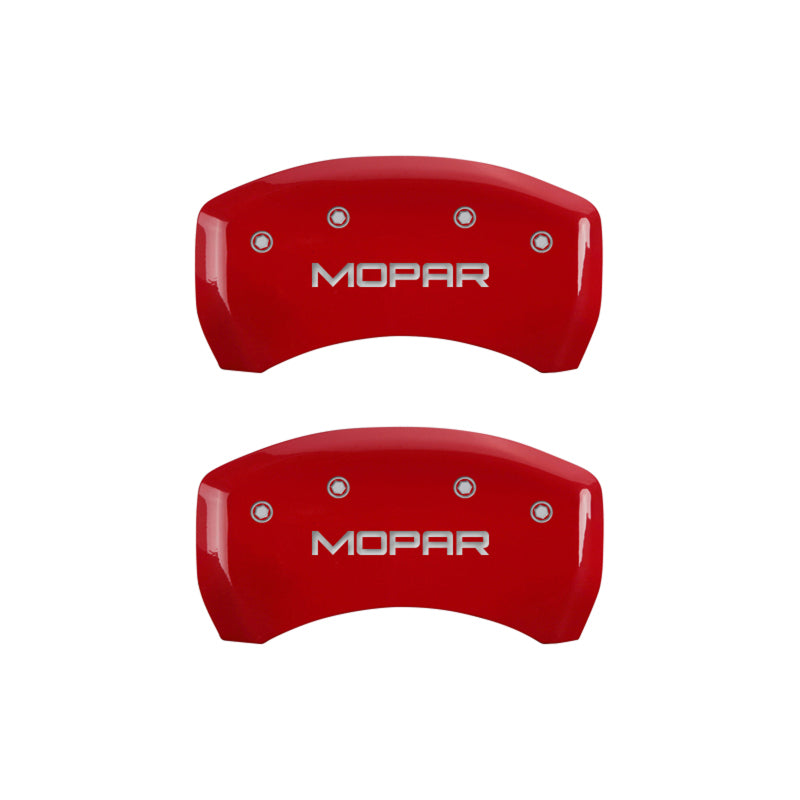Load image into Gallery viewer, MGP 4 Caliper Covers Engraved Front &amp; Rear MOPAR Red finish silver ch

