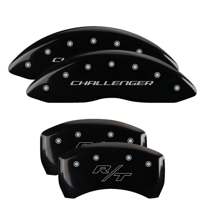 Load image into Gallery viewer, MGP 4 Caliper Covers Engraved Front Block/Challenger Engraved Rear Vintage Style/RT Blk fnsh slvr ch
