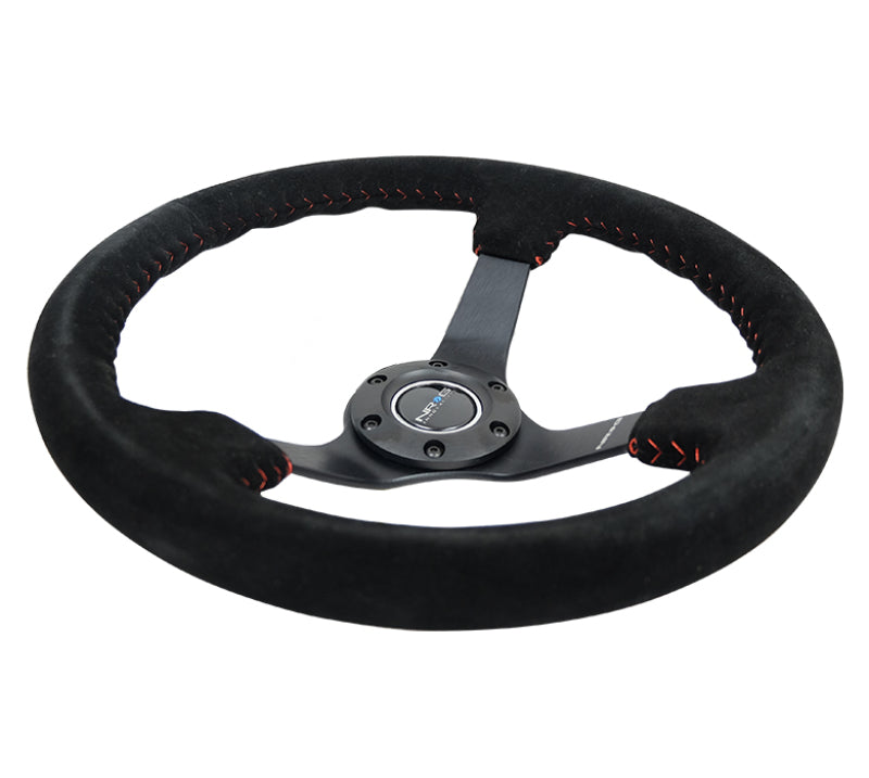 Load image into Gallery viewer, NRG Reinforced Steering Wheel (350mm / 3in. Deep) Blk Suede/Red BBall Stitch w/5mm Matte Blk Spokes
