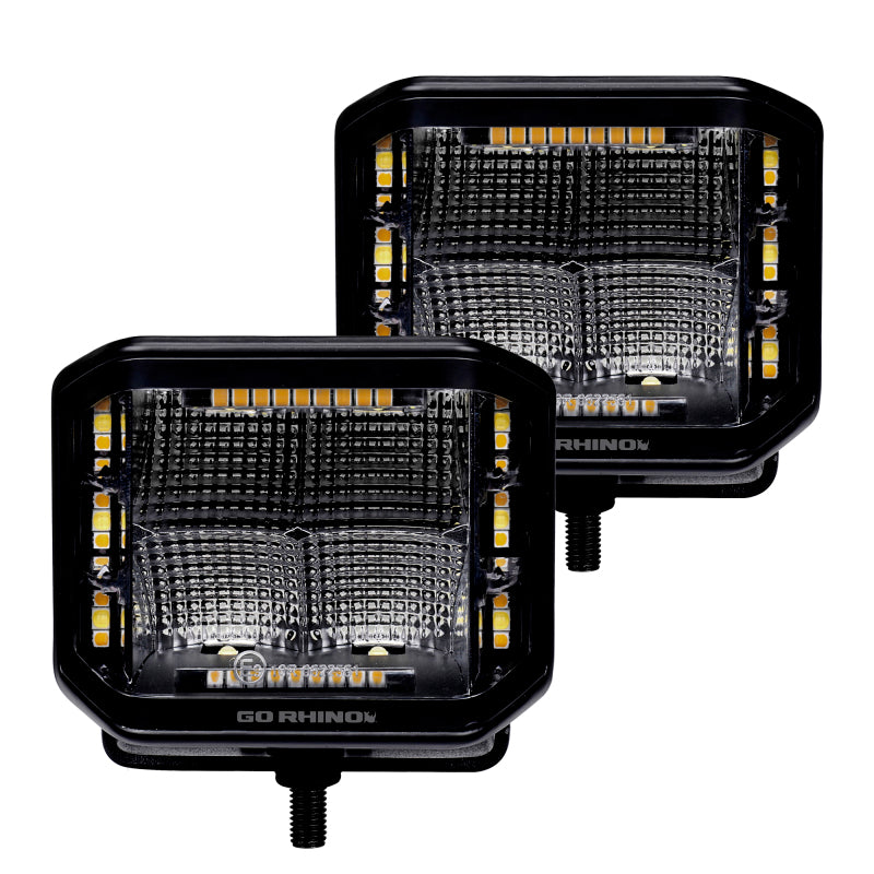 Load image into Gallery viewer, Go Rhino Xplor Blackout Combo Series Cube Sideline LED Flood Lights w/Amber 4x3 - Blk (Pair)
