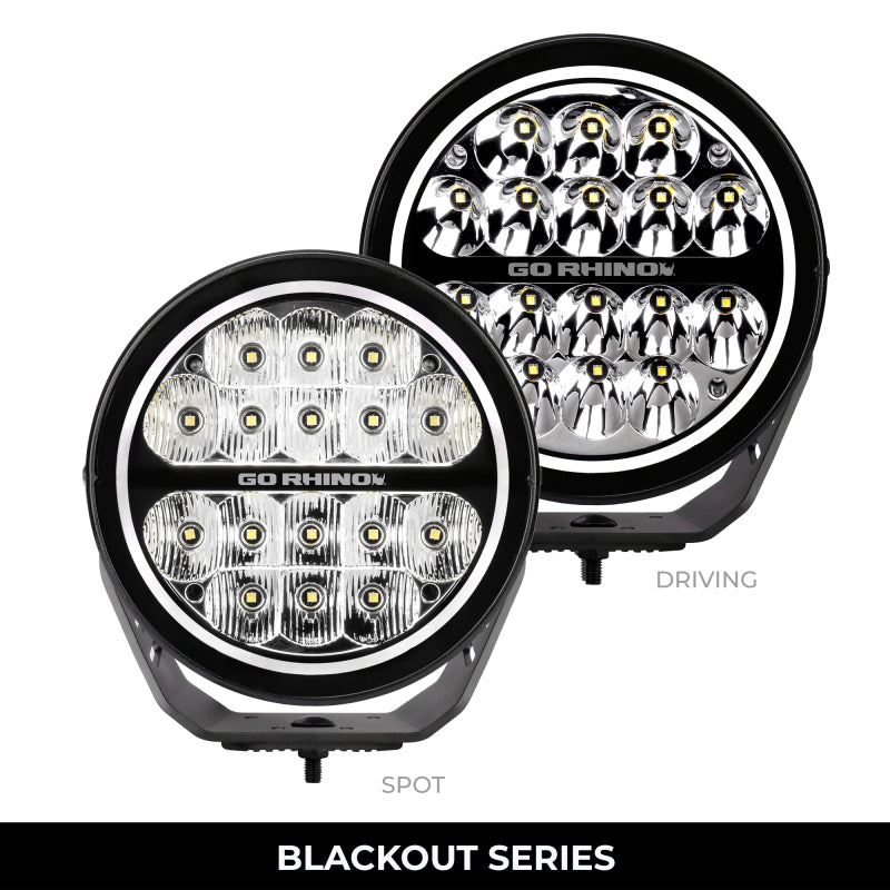 Load image into Gallery viewer, Go Rhino Xplor Blackout Series Round LED Spot Light Beam w/DRL (Surface/Thread Stud Mnt) 7in. - Blk
