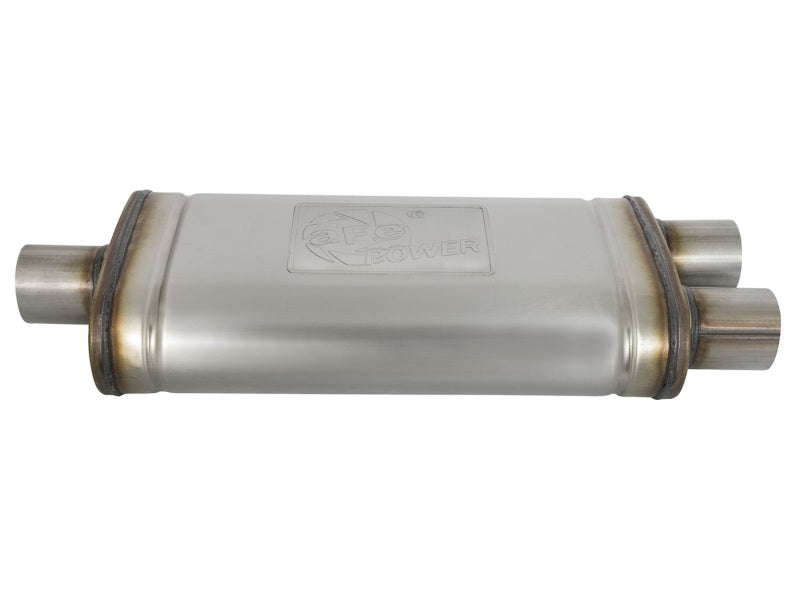Load image into Gallery viewer, aFe MACHForce XP SS Muffler 2.5in Center Inlet / 2.5in Dual Outlets 18in L x 9in W x 4in H Body
