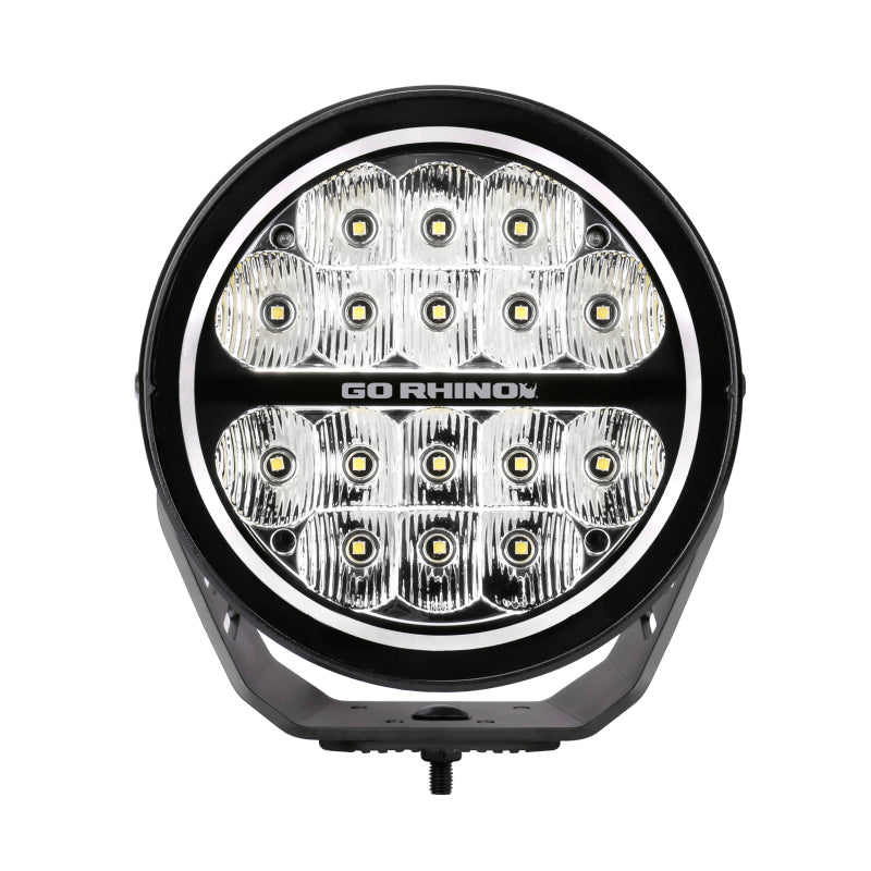 Load image into Gallery viewer, Go Rhino Xplor Blackout Series Round LED Spot Light Beam w/DRL (Surface/Thread Stud Mnt) 7in. - Blk
