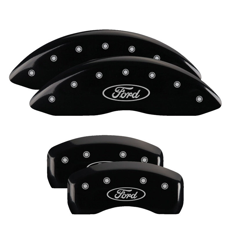 Load image into Gallery viewer, MGP 4 Caliper Covers Engraved Front &amp; Rear Oval logo/Ford Black finish silver ch
