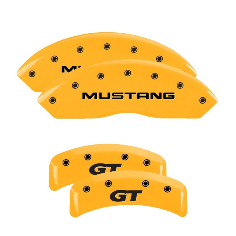 Load image into Gallery viewer, MGP 4 Caliper Covers Engraved Front Mustang Rear Sn95/Gt Yellow Finish Black Char 2001 Ford Mustang
