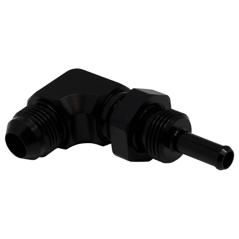 Load image into Gallery viewer, DeatschWerks 8AN Male Flare to 5/16in Male Barb Bulkhead Adapter 90-Degree - Anodized Matte Black
