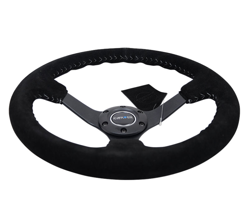 Load image into Gallery viewer, NRG Reinforced Steering Wheel (350mm / 3in. Deep) Blk Suede/Silver BBall Stitch w/5mm Mt. Blk Spokes
